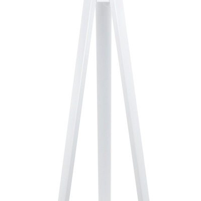 Candeeiro de pé branco com três pés em madeira e abajur cilíndrico branco