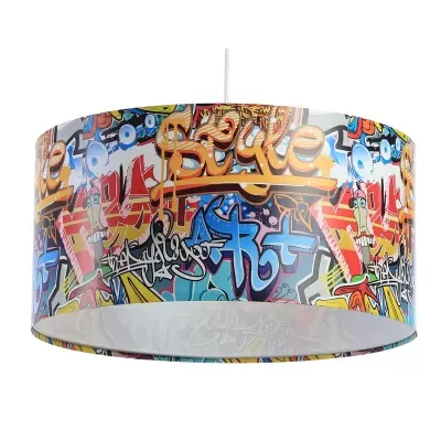 Luminária de teto com cúpula cilíndrica colorida com padrão graffiti