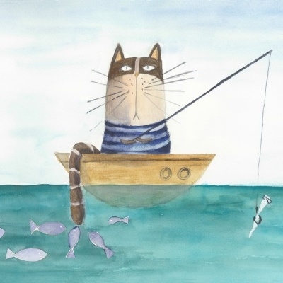 Ilustração de gato a pescar num barco no mar com peixes.