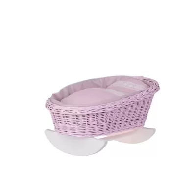 Berço de boneca rosa em vime com almofada e base de baloiço branca
