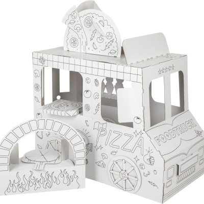 Modelo de food truck em cartão branco com desenhos a preto e forno de pizza em cartão.