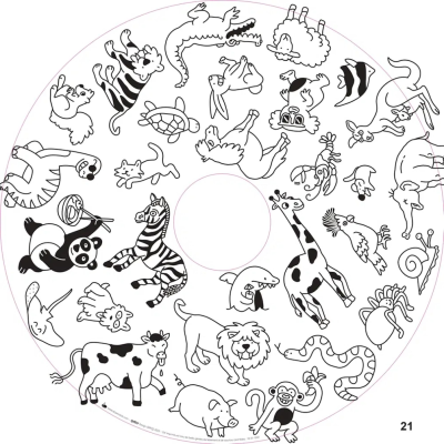 Disco circular branco com desenhos a preto e branco de diversos animais em estilo cartoon