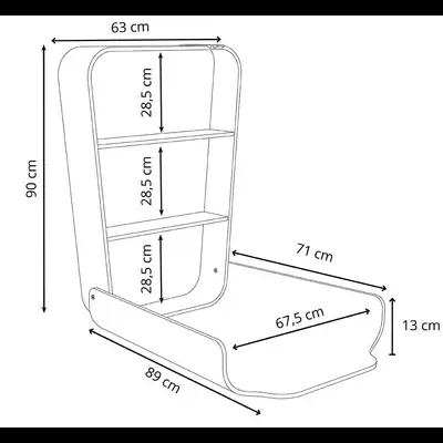Esquema técnico de estrutura de madeira com prateleiras e cama embutida com medidas em centímetros