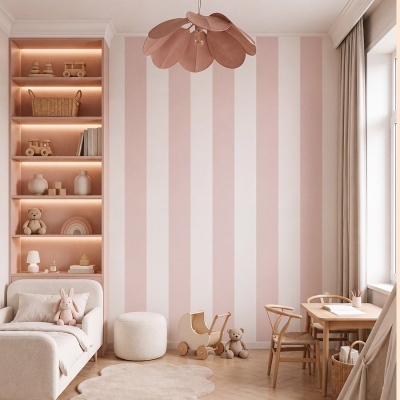 Quarto infantil com decoração rosa e branca e móveis de madeira clara