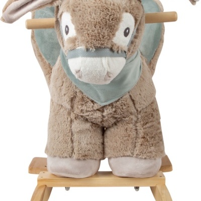 Cavalo de baloiço infantil em pelúcia castanha com base e barras de madeira