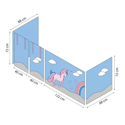 Biombo com unicórnio e arco-íris em tons pastel, dividido em cinco painéis.