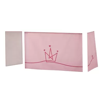 Três painéis de tecido rosa com coroa estilizada vermelha e corações em fundo branco