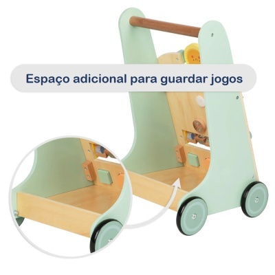 Carrinho de brincar infantil verde claro com rodas e espaço para guardar jogos