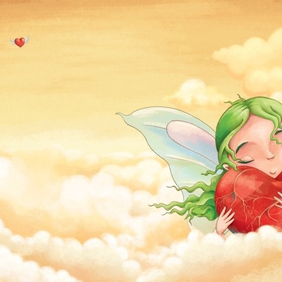 Fada verde com asas segurando coração vermelho em céu alaranjado com nuvens brancas