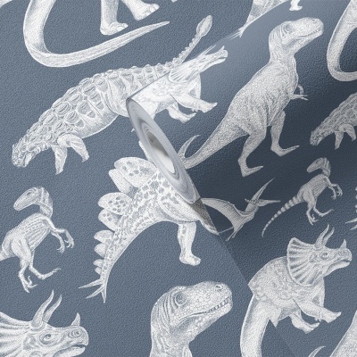 Papel de parede azul com padrão branco de dinossauros desenhados