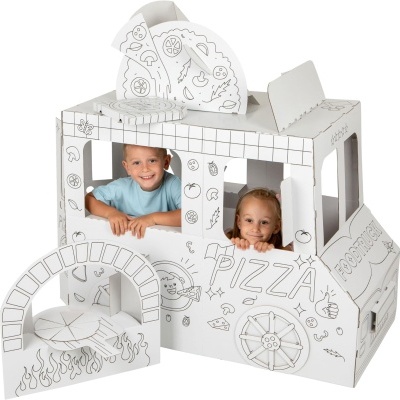 Carrinha de brincar de papelão branco com desenhos a preto e duas crianças