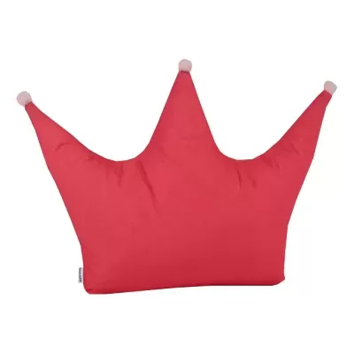 Almofada vermelha em forma de coroa com pompons rosa