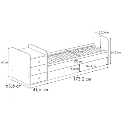Desenho esquemático de cama infantil branca com medidas em centímetros