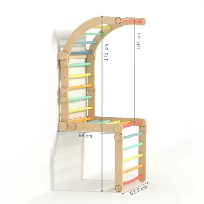 Estrutura de madeira colorida com barras para crianças montada num canto de parede branca