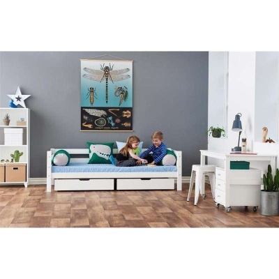 Quarto infantil com cama branca, almofadas temáticas de dinossauros e poster de insetos na parede cinza