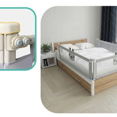 Cama com grade de proteção translúcida em estrutura metálica cinza e madeira clara