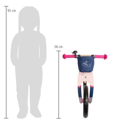 Bicicleta de equilíbrio para criança com saco azul escuro no guiador