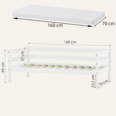Cama de madeira branca com colchão branco e medidas indicadas.