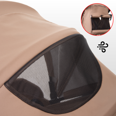 Cobertura bege com rede preta para ventilação, bolso com fecho e alavanca preta.