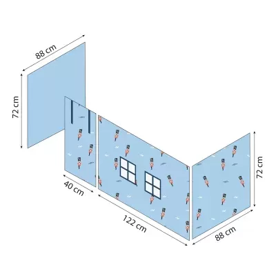 Painel separador azul com padrão de soldados vermelhos e janela desenhada