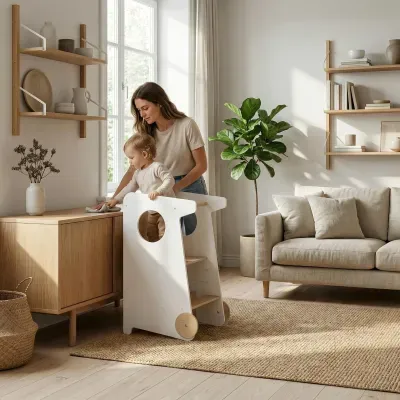 Escada auxiliar infantil branca com rodas em sala decorada com móveis de madeira clara e sofá bege
