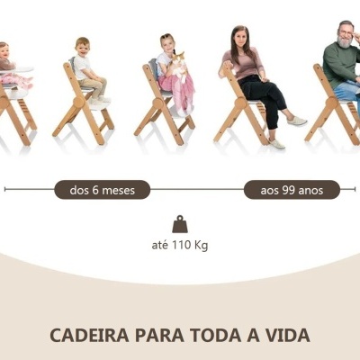 Cadeira ajustável em madeira clara para várias idades, do bebé ao idoso.