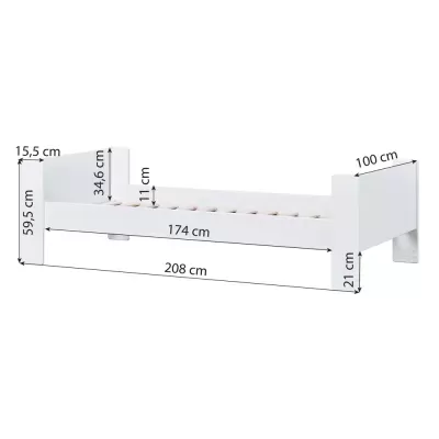 Cama simples branca em madeira com lâminas e dimensões indicadas