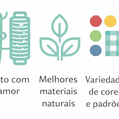 Ícones de carretel, planta e cores com textos promocionais em português