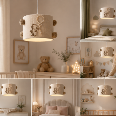 Candeeiro suspenso infantil bege com pompons e ursinho de tecido decorativo