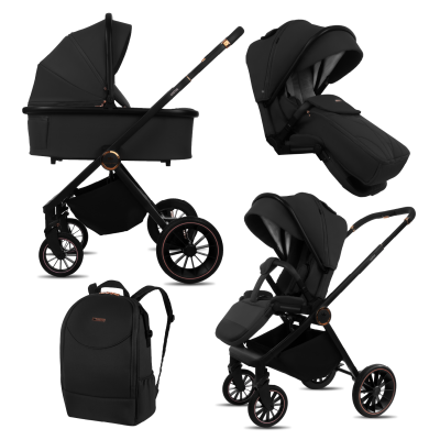 Conjunto de carrinho de bebé preto com vários acessórios incluindo moisés, cadeira reversível, carrinho e mochila.