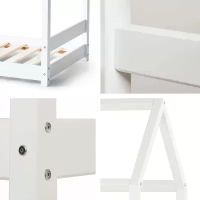 Detalhe de estrutura de cama branca em madeira com parafusos