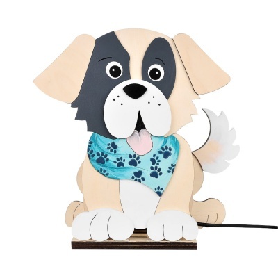 Luminária de mesa em forma de cachorro com lenço azul e padrão de patas