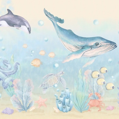 Ilustração do fundo do mar com golfinho, baleia, polvo, tartaruga, peixes e plantas aquáticas em tons pastel