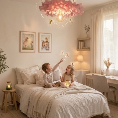 Quarto infantil com candeeiro rosa de teto e duas crianças sentadas na cama com asas de fada
