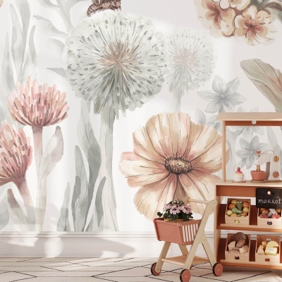 Mural de parede floral suave com carrinho de brinquedo e estante em ambiente infantil