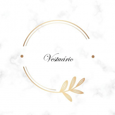 Logotipo com texto 'Vestuário' em fundo marmoreado com detalhes dourados