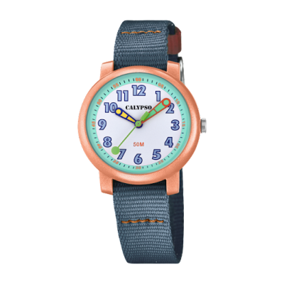 Relógio de pulso Calypso com caixa cobre e pulseira azul em tecido