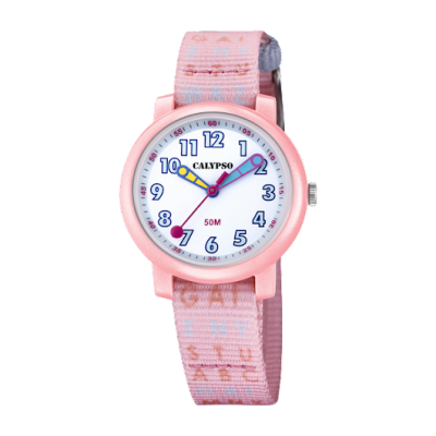 Relógio de pulso infantil Calypso rosa com mostrador branco e números azuis