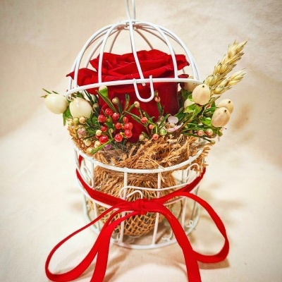 Arranjo floral com rosa vermelha dentro de gaiola branca e fita vermelha
