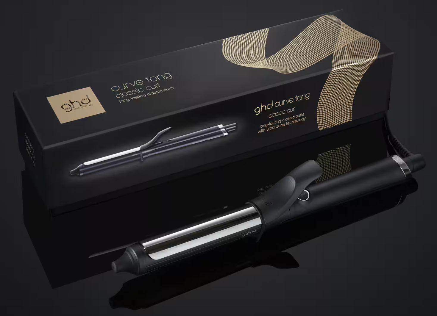 MODELADOR COM PINÇA GHD CURVE® CLASSIC CURL Ferro de ondular cabelo ghd curve tong classic curl preto e prateado com embalagem