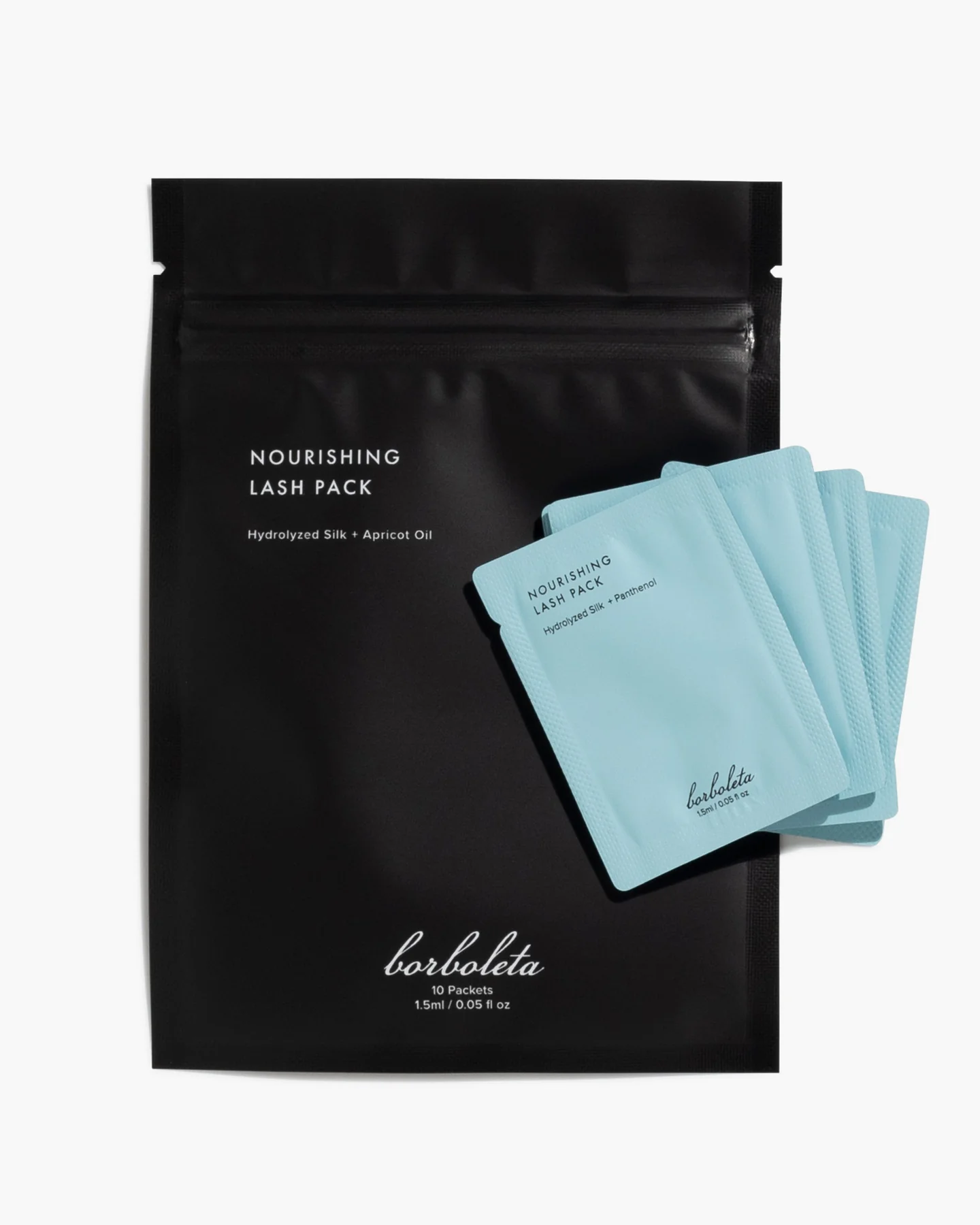 NOURISHING LASH PACK Pack de tratamento para pestanas com embalagem preta e pacotes azuis