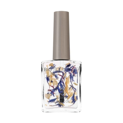 Frasco de verniz para unhas com flores secas azuis e amarelas dentro