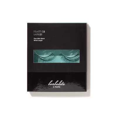 Caixa preta com 5 pares de pestanas falsas visíveis através de janela transparente.