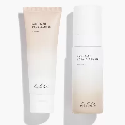 Dois produtos Borboleta para limpeza de pestanas, gel cleanser em tubo e foam cleanser em frasco