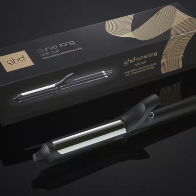 Modelador de cabelo ghd curve tong preto e prata com caixa preta e detalhes dourados