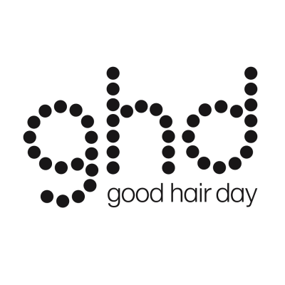 Logotipo ghd com texto 'good hair day'