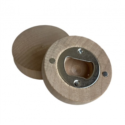 Abridor de garrafas redondo em madeira clara com suporte metálico