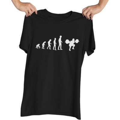 T-shirt preta com estampa da evolução do homem e levantamento de pesos