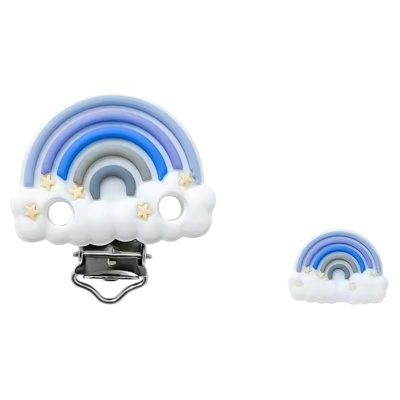 Acessórios em forma de arco-íris com nuvens e estrelas, em azul, lilás e cinza