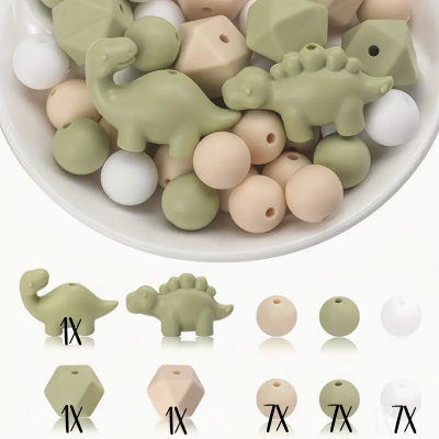 Conjunto de contas de silicone coloridas e em forma de dinossauros